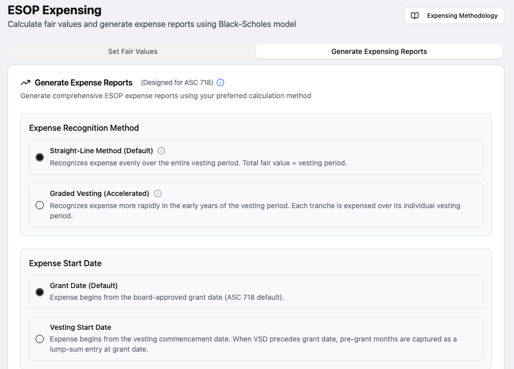 Expense Recognition Method and Expense Start Date selectors
